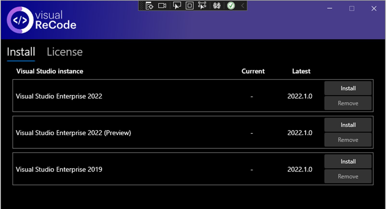 Screenshot of the Visual Recode Exentsion Manager, showing the VS 2019 and VS 2022 install options