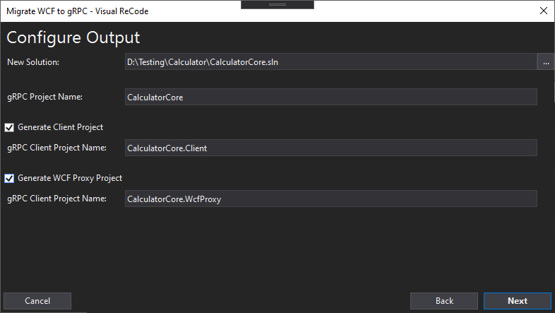 Check Generate WCF Proxy Project box on Configure Output
