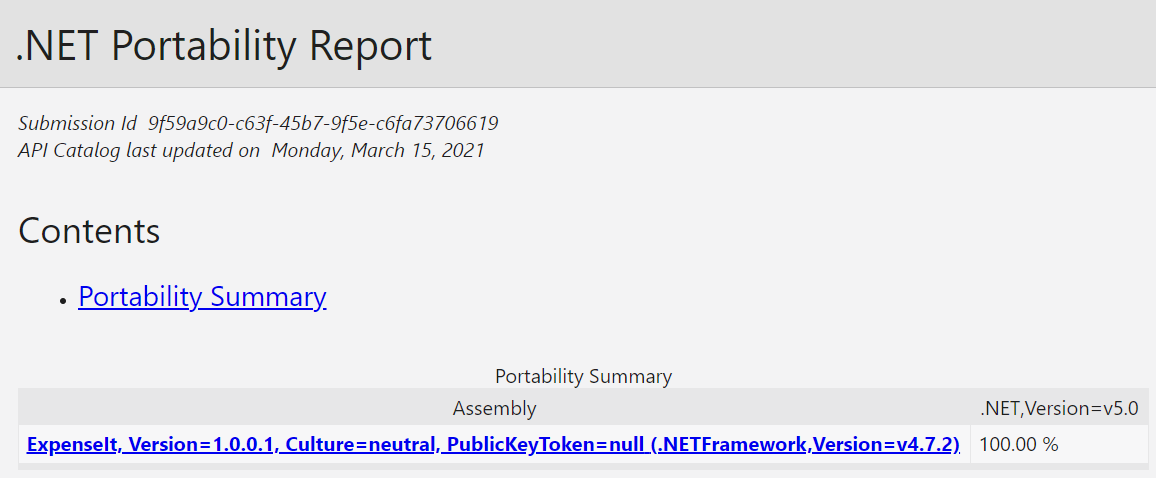 Screenshot of the net portability analyzer report, showing a 100% compatability score for .NET 5
