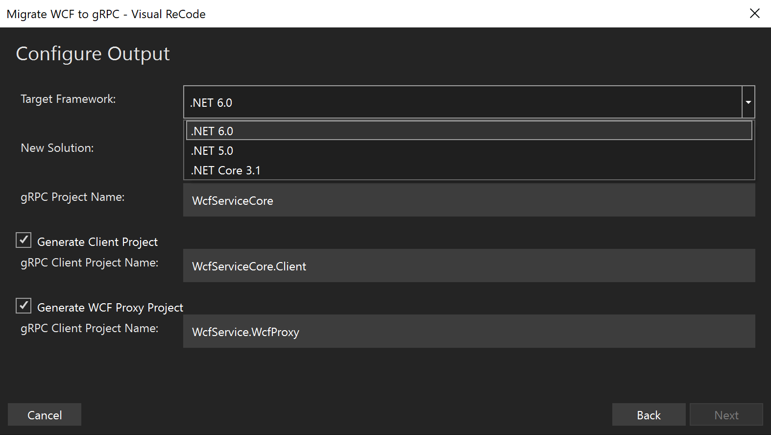 Screenshot of Visual Recode extension in the configure output menu, including a dropdown list of the .NET 6.0, .NET 5.0, and .NET Core 3.1 taret framework options